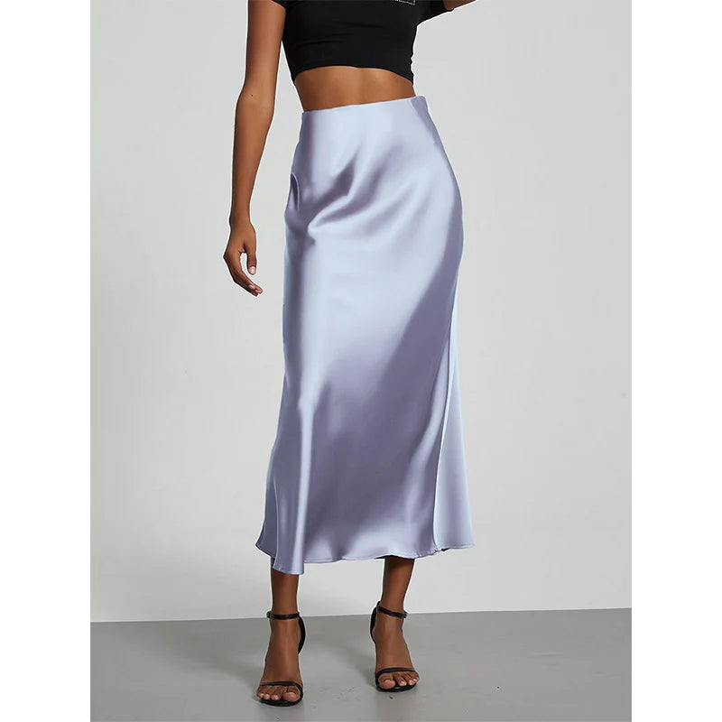 Falda larga de satén de moda para fiesta, cintura alta, color liso, informal, básica, de cola de pez, atuendo elegante de verano para mujer 2025