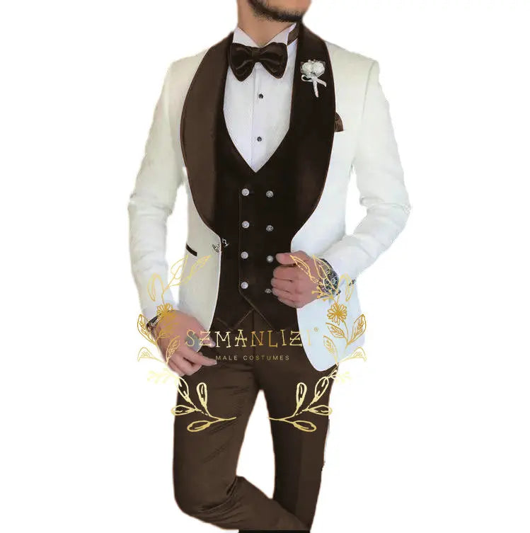 Conjunto de 3 piezas de blazer jacquard con estampado de cachemira blanca para hombre, traje de fiesta, esmoquin para novio, trajes de boda