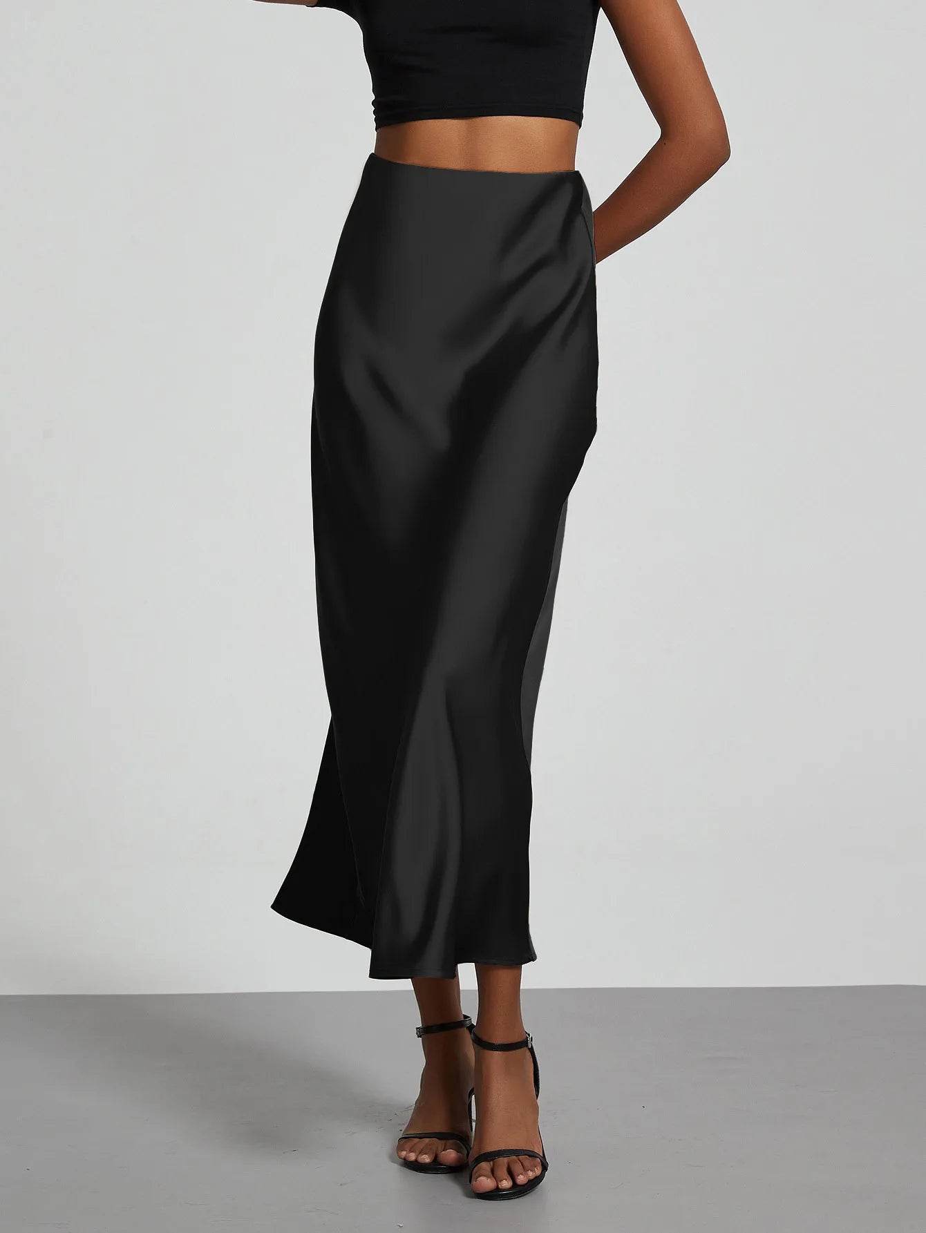 Falda larga de satén de moda para fiesta, cintura alta, color liso, informal, básica, de cola de pez, atuendo elegante de verano para mujer 2025
