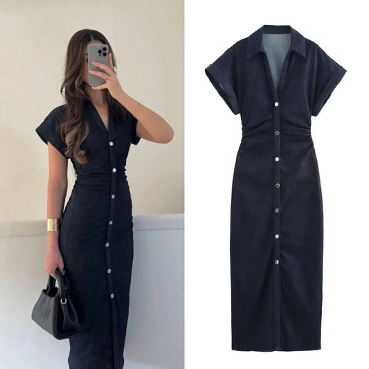Vestido midi jeans ETJ 2025 traf primavera nova série 1975 com lapela e zíper lateral, moda, cintura franzida, slim, elegante