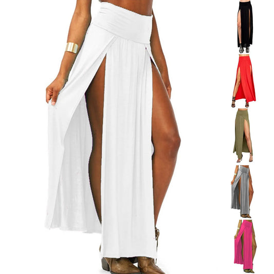 Sexy High Slit Long Skirts for Women Summer Casual Double Side Slit Beach Skirt Solid Color High Waist A-line Faldas