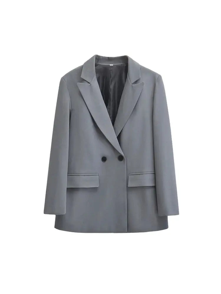 TRZA - Blazer feminino de abotoamento duplo para escritório, manga comprida, bolsos com aba, agasalho feminino, blusas chiques, moda