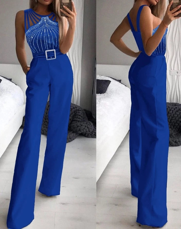 Macacão feminino sexy 2023, gola virada para baixo, sem mangas, skinny, alargado, peça única, roupa da moda, macacão