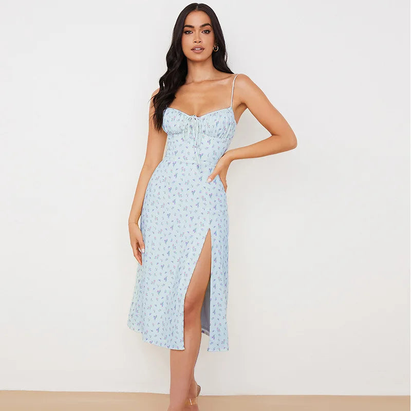 Vestido largo ajustado con estampado floral elegante para mujer, ropa de calle para vacaciones en la playa, verano 2024, artículos al por mayor para negocios.