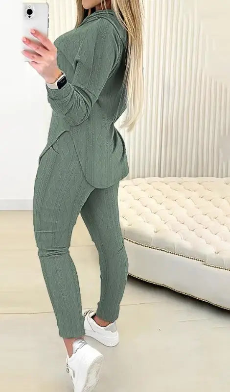 Conjunto casual de duas peças, roupas femininas, moletom com capuz e manga comprida texturizado, conjunto de calças com bolso, moda outono 2024