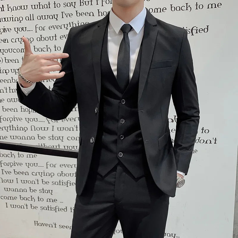 Terno (blazer + colete + calça) masculino, estilo executivo, slim, cor sólida, plus size, vestido justo, casamento, padrinho