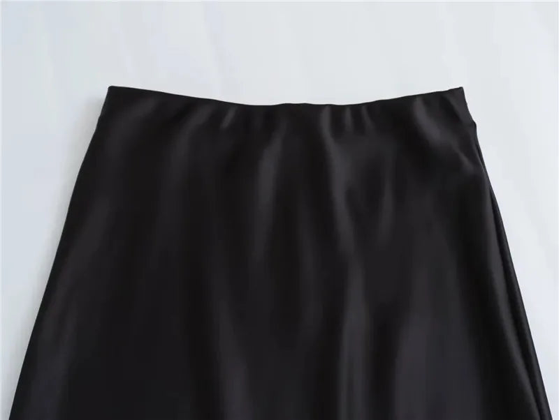 TRAF Mulher 2024 Saia de cetim feminina cintura alta saias longas para mulheres verão saia midi preta escritório elegante saias femininas