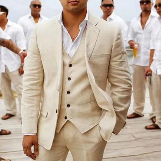Elegant Men's Suit 3 Pieces Beige Linen Tuxedo for Groomsmen Wedding Suit Summer Men's Suit with Notched Lapel Fashion Men's Casual Suit