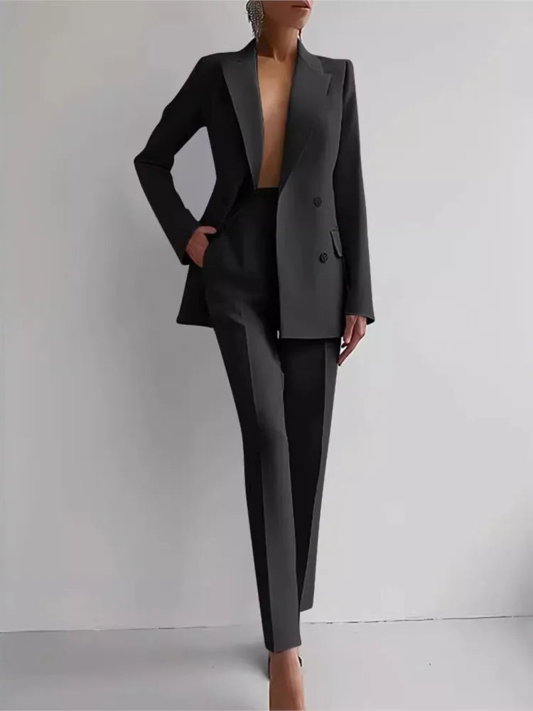 Conjunto de terno casual de manga comprida para primavera e outono, elegante, para escritório, feminino, cor sólida, slim, tops, blazer e calças, conjunto de duas peças, roupa feminina 2025