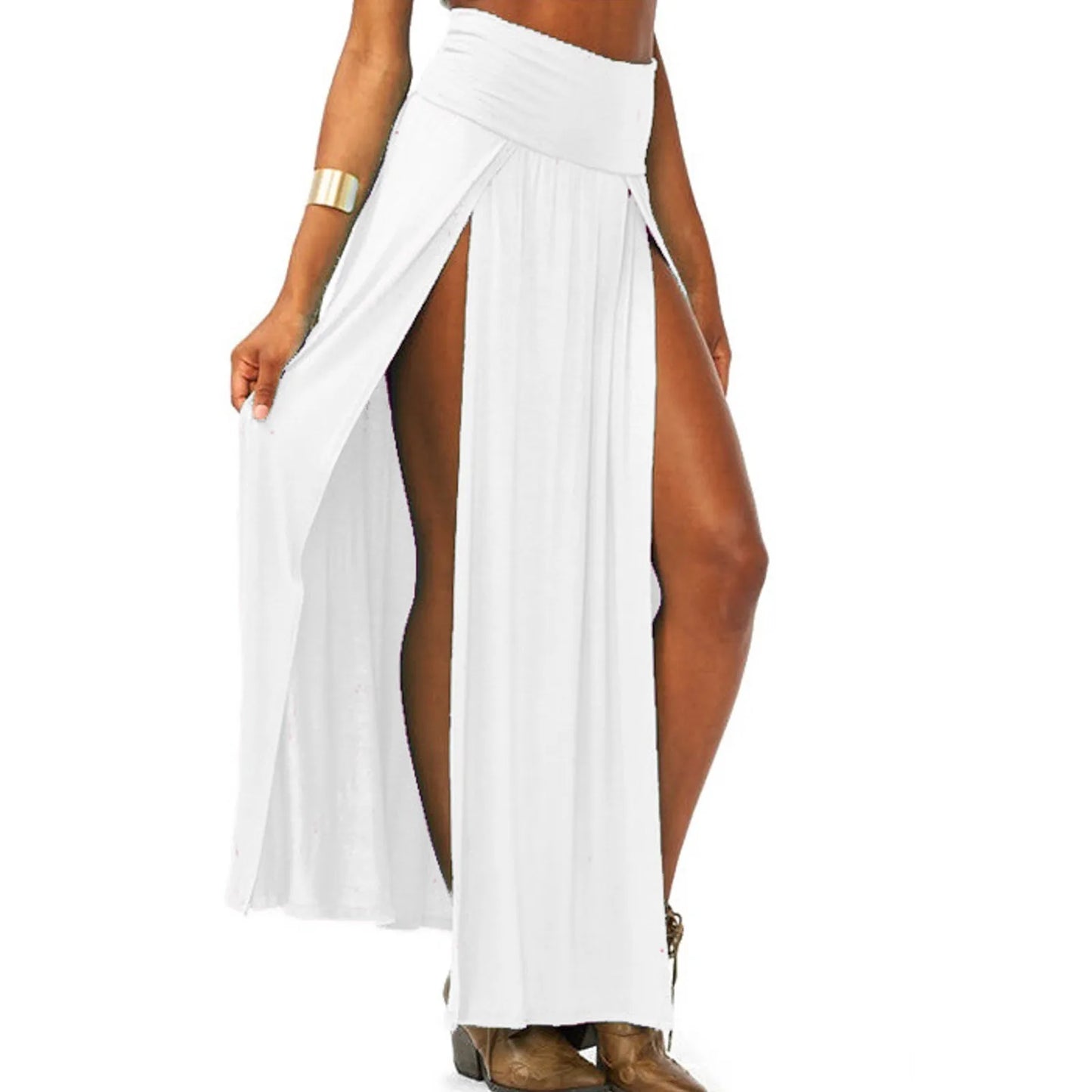 Sexy High Slit Long Skirts for Women Summer Casual Double Side Slit Beach Skirt Solid Color High Waist A-line Faldas