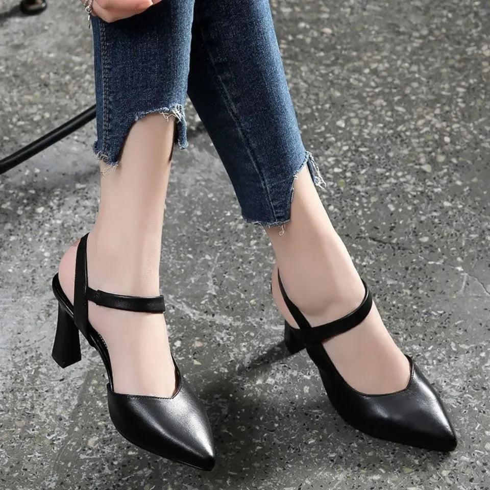 Zapatos de tacón alto para mujer, ligeros, amarillos, punta abierta, cómodos, primavera-verano, elegantes sandalias negras para casa y playa E1105