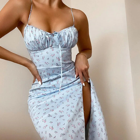 Vestido longo feminino elegante floral para férias na praia, bodycon, moda urbana, roupas de verão 2024, itens de atacado para negócios