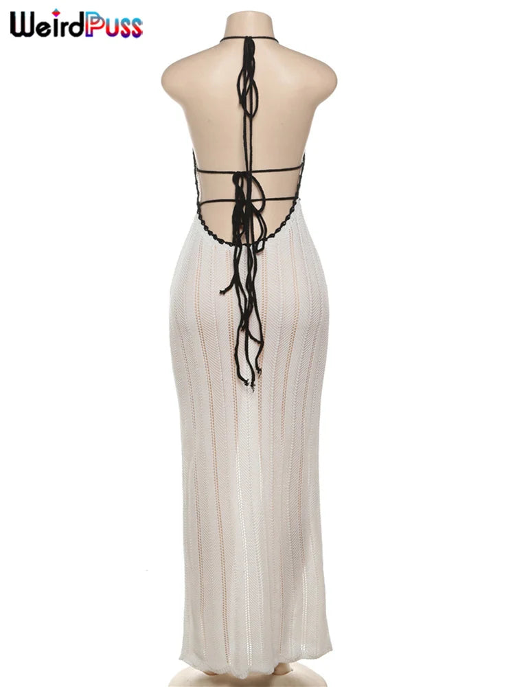 Vestido sexy y elegante con cuello halter para mujer, de verano, sin espalda, con cordones, con bloques de color, sin mangas, moderno, para discoteca, moda salvaje.