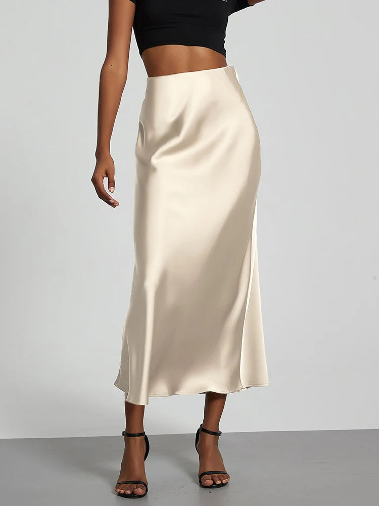 Falda larga de satén de moda para fiesta, cintura alta, color liso, informal, básica, de cola de pez, atuendo elegante de verano para mujer 2025