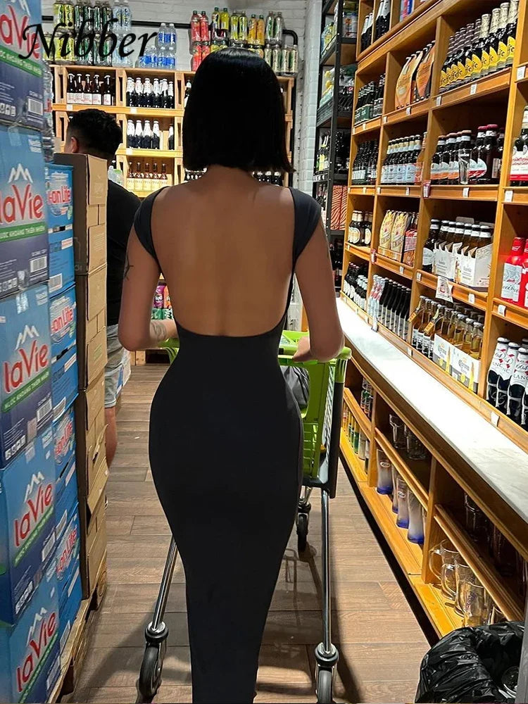 Vestido maxi sexy sin espalda Nibber sólido para mujer, elegante, elástico, ajustado, de manga corta, largo, ajustado, ropa de calle