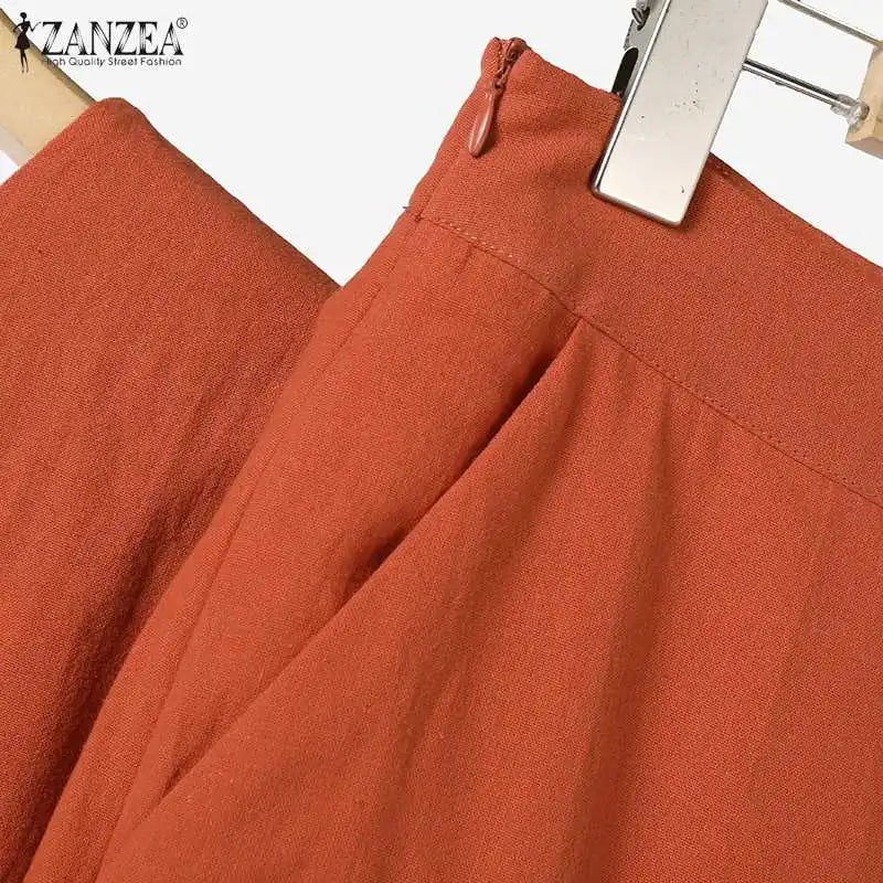 ZANZEA Conjuntos de verão elegantes combinando femininos, conjuntos de calças com manga bufante, 2 peças, calças de trabalho lisas, OL, agasalho 2023