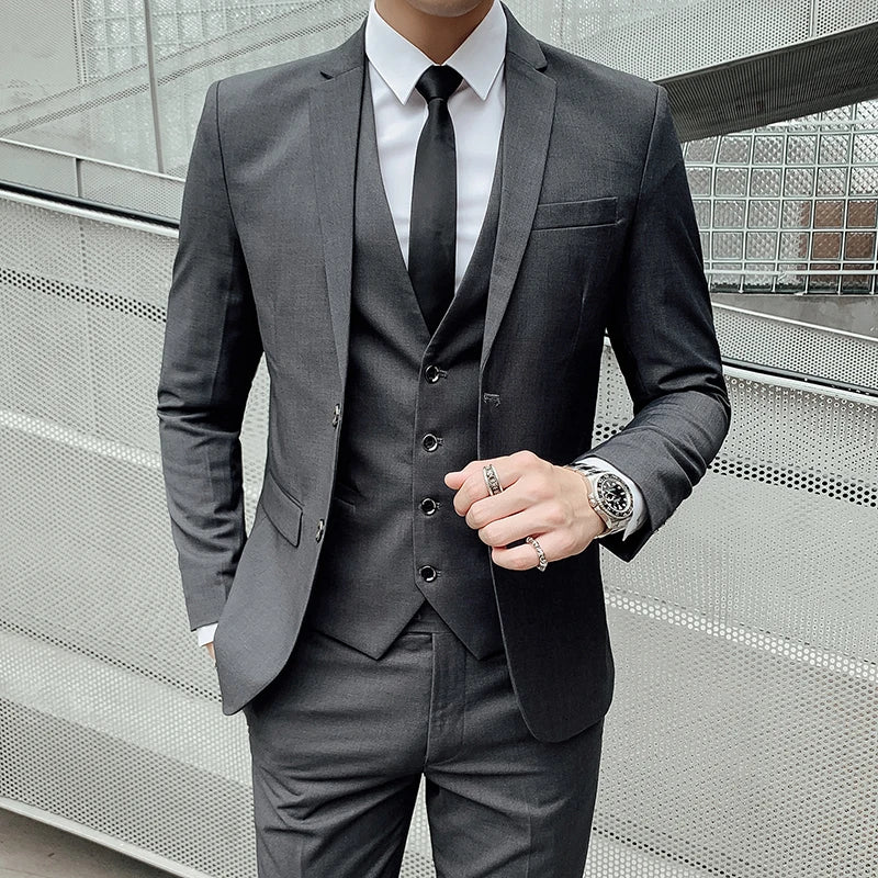 Terno (blazer + colete + calça) masculino, estilo executivo, slim, cor sólida, plus size, vestido justo, casamento, padrinho