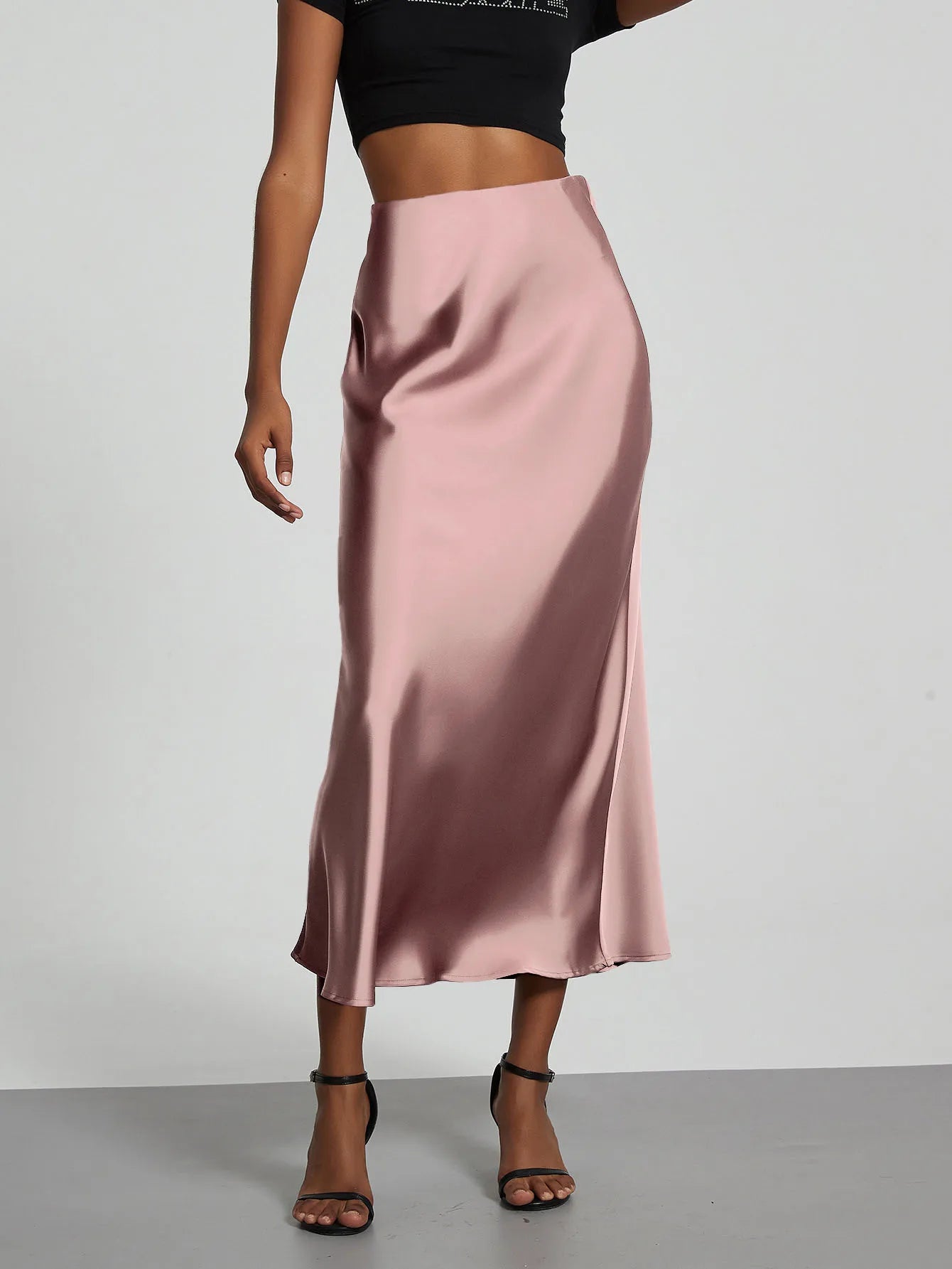 Falda larga de satén de moda para fiesta, cintura alta, color liso, informal, básica, de cola de pez, atuendo elegante de verano para mujer 2025