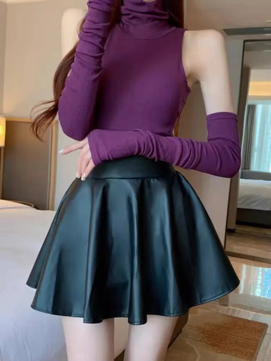 Women's Multi-Purpose Stretchy Short Mini Skirt, Faux Leather Skirt, High Waist Skater Skirt, Work, Nightclub 