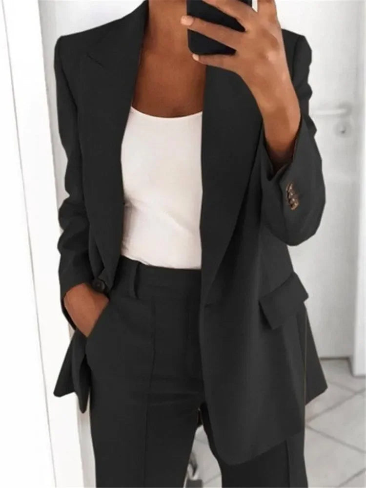 Blazer feminino casual de manga comprida, cor sólida, gola alta, temperamento simples, tamanho grande, 2025 S-5XL