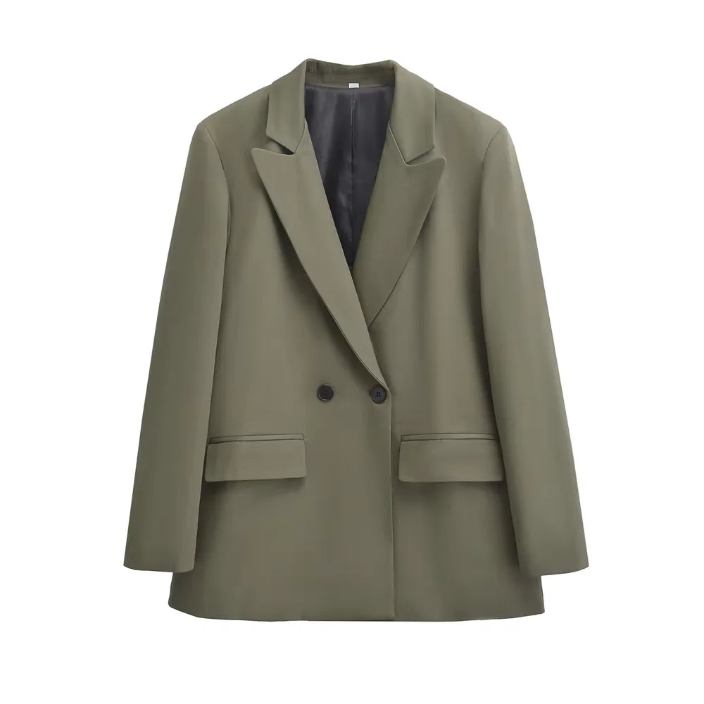 TRZA - Blazer feminino de abotoamento duplo para escritório, manga comprida, bolsos com aba, agasalho feminino, blusas chiques, moda