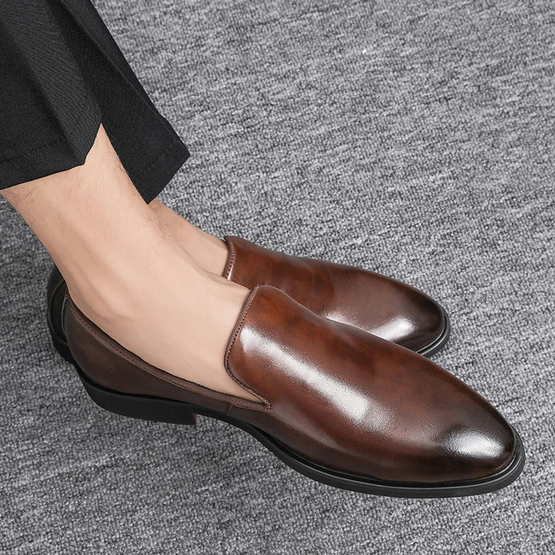 Zapatos formales de cuero sin cordones para hombre, mocasines casuales, zapatos de boda negros, elegantes zapatos Oxford de punta puntiaguda para oficina