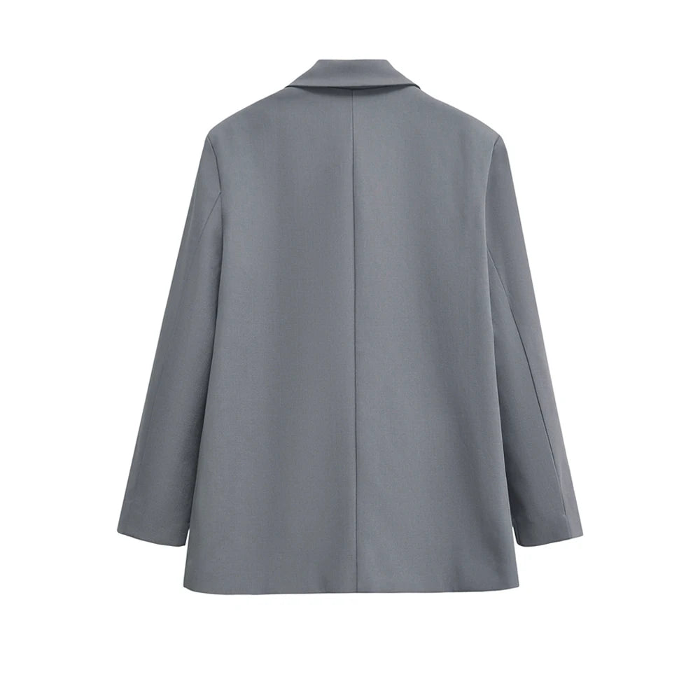 TRZA - Blazer feminino de abotoamento duplo para escritório, manga comprida, bolsos com aba, agasalho feminino, blusas chiques, moda