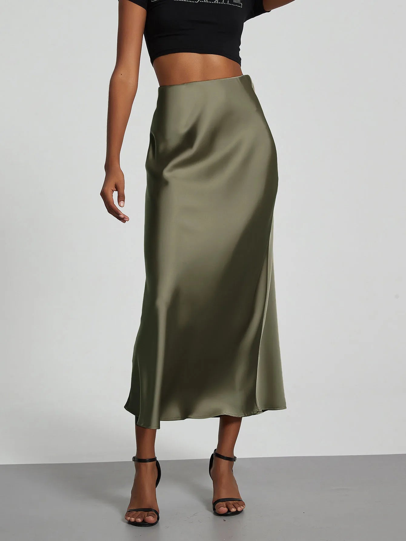 Falda larga de satén de moda para fiesta, cintura alta, color liso, informal, básica, de cola de pez, atuendo elegante de verano para mujer 2025