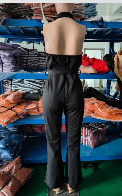 Macacão feminino sexy 2023, gola virada para baixo, sem mangas, skinny, alargado, peça única, roupa da moda, macacão