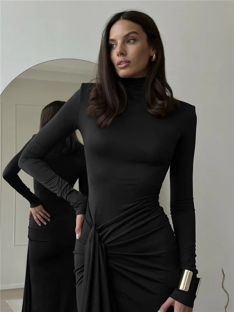Mozision Vestido longo sexy com gola alta e fenda alta, para mulheres, moda, manga comprida, drapeado, bandagem, justo, clube, vestido longo