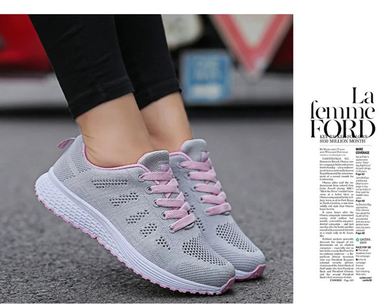 Zapatos casuales de mujer, zapatillas planas de malla transpirables a la moda para caminar, zapatillas de deporte para mujer 2021, zapatos vulcanizados para gimnasio, calzado blanco para mujer