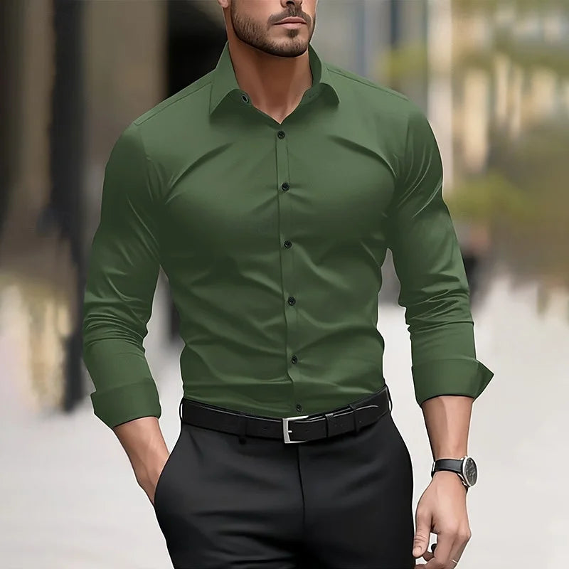 Camisa formal para hombre, color liso, para boda, exterior, negro, rojo, azul marino, verde oscuro, manga larga, solapa, ropa de verano y primavera, tallas XS-6XL