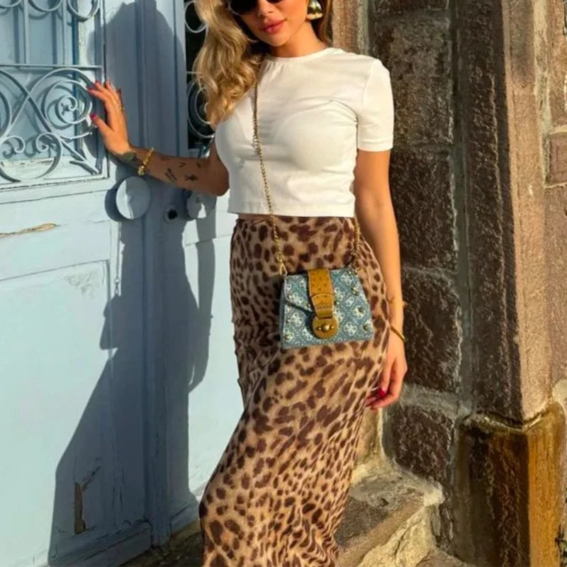 TRAF Saias Longas de Leopardo Femininas 2024 Primavera Verão Outono Elegante Festa Estampada Saias Femininas Moda Casual Escritório Saias Midi