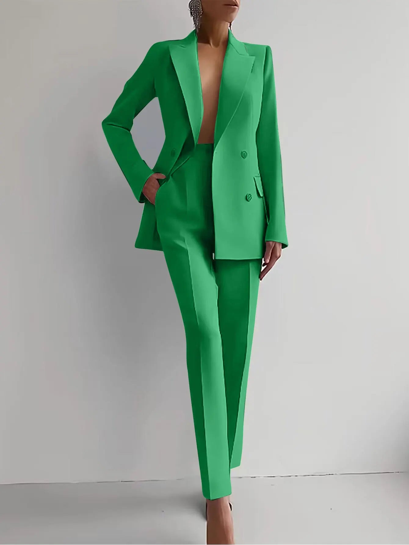 Conjunto de terno casual de manga comprida para primavera e outono, elegante, para escritório, feminino, cor sólida, slim, tops, blazer e calças, conjunto de duas peças, roupa feminina 2025