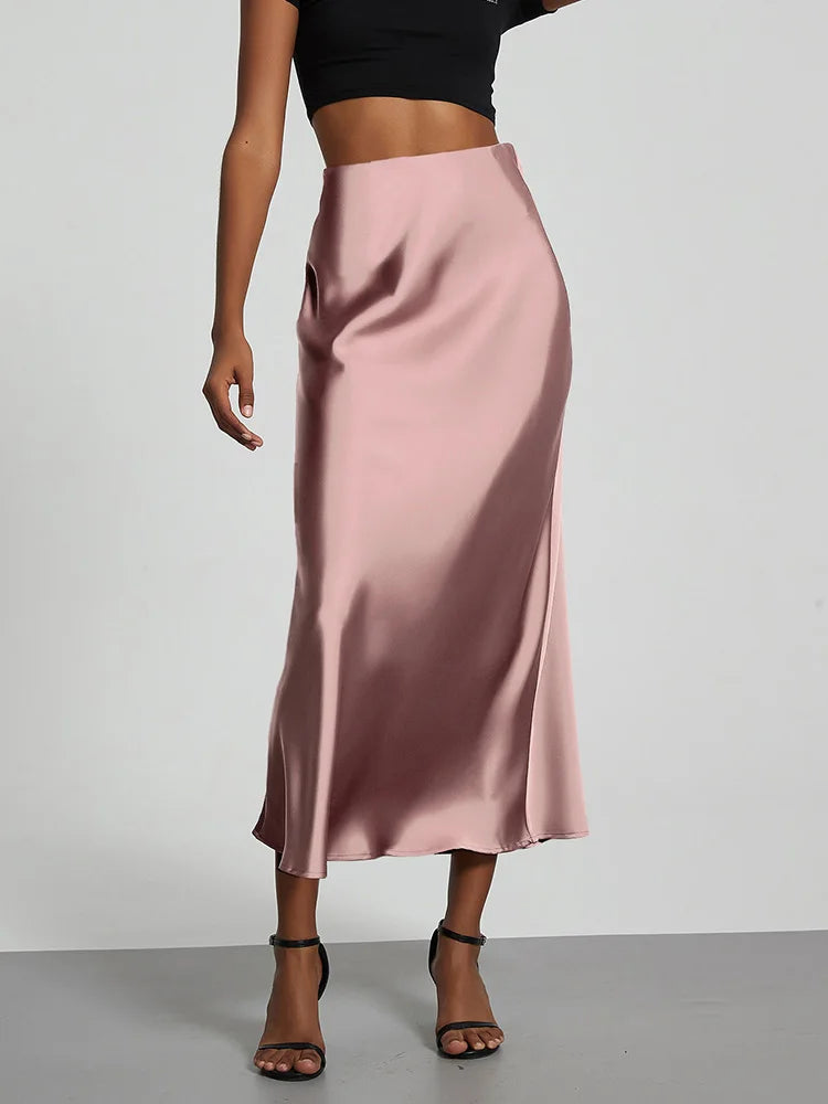Falda larga de satén de moda para fiesta, cintura alta, color liso, informal, básica, de cola de pez, atuendo elegante de verano para mujer 2025