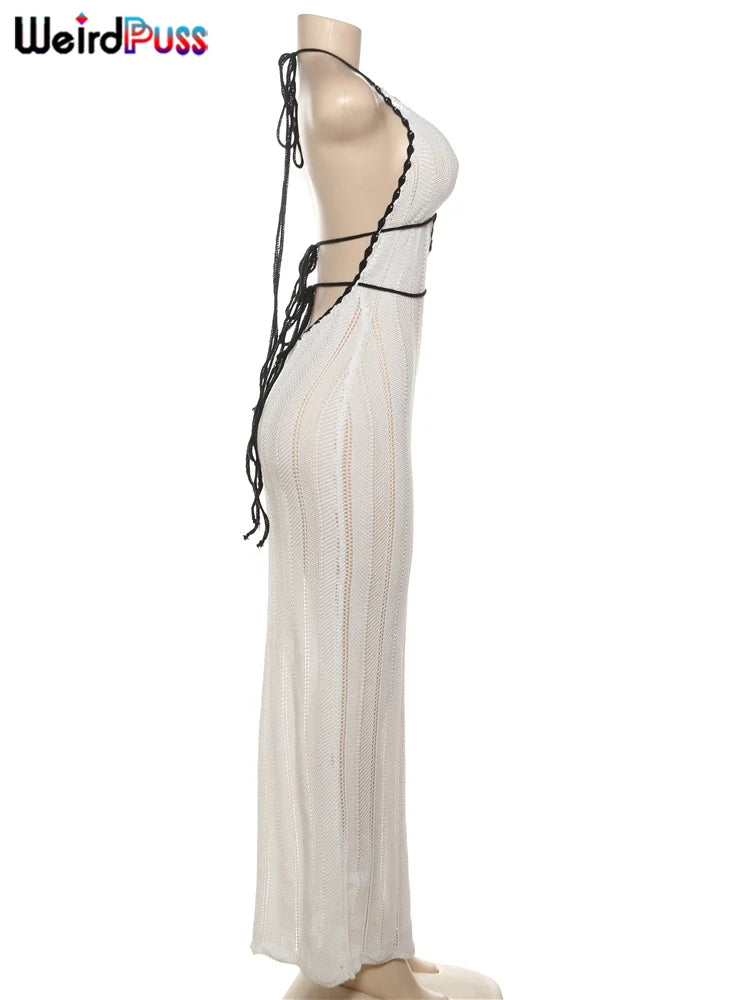 Vestido sexy y elegante con cuello halter para mujer, de verano, sin espalda, con cordones, con bloques de color, sin mangas, moderno, para discoteca, moda salvaje.