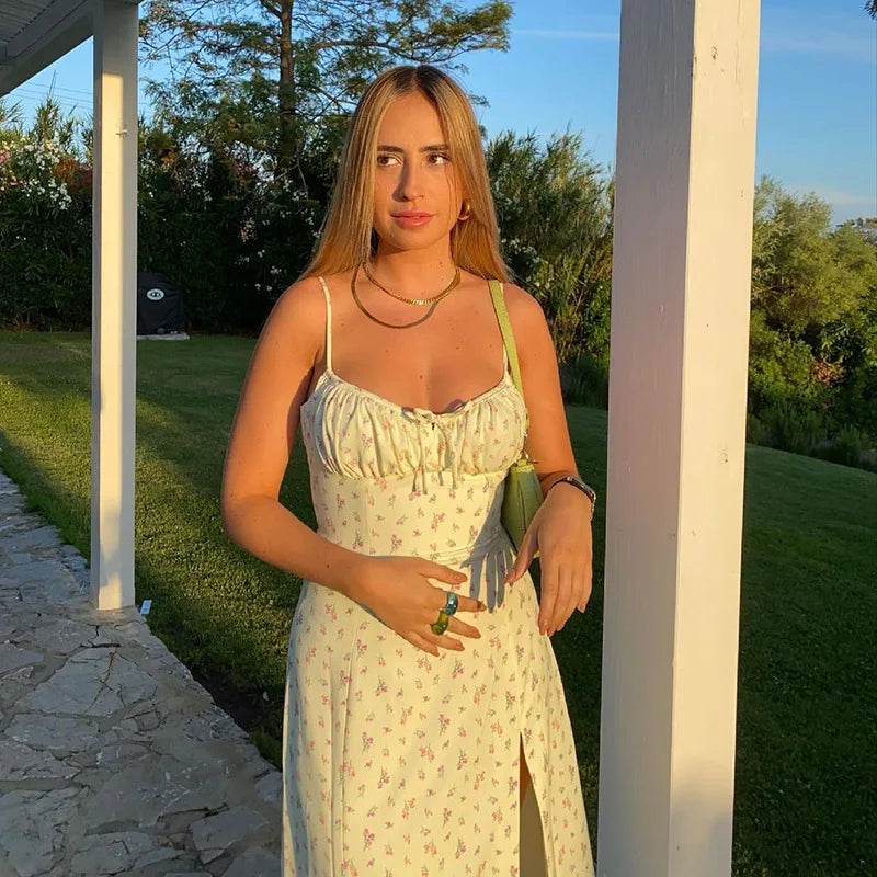 Vestido largo ajustado con estampado floral elegante para mujer, ropa de calle para vacaciones en la playa, verano 2024, artículos al por mayor para negocios.