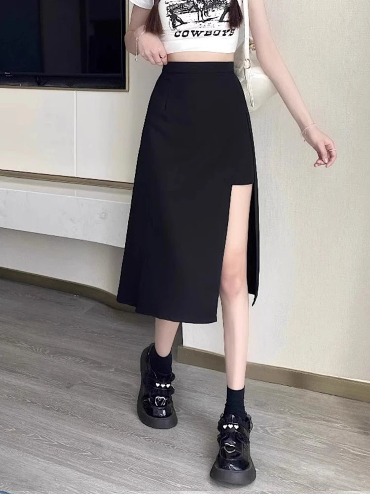 Falda negra de cintura alta con abertura irregular en la cadera para mujer, estilo Harajuku vintage de verano, longitud media, 2023