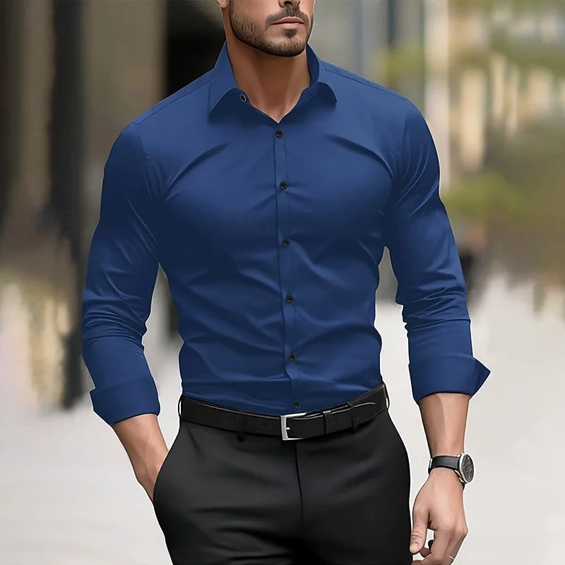 Camisa formal para hombre, color liso, para boda, exterior, negro, rojo, azul marino, verde oscuro, manga larga, solapa, ropa de verano y primavera, tallas XS-6XL