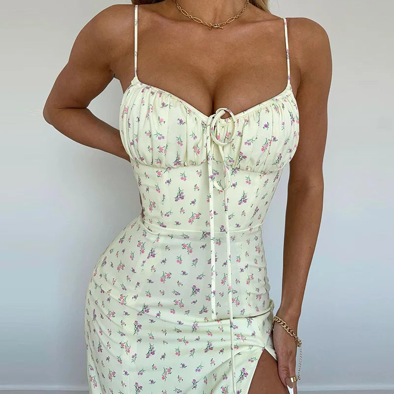 Vestido largo ajustado con estampado floral elegante para mujer, ropa de calle para vacaciones en la playa, verano 2024, artículos al por mayor para negocios.