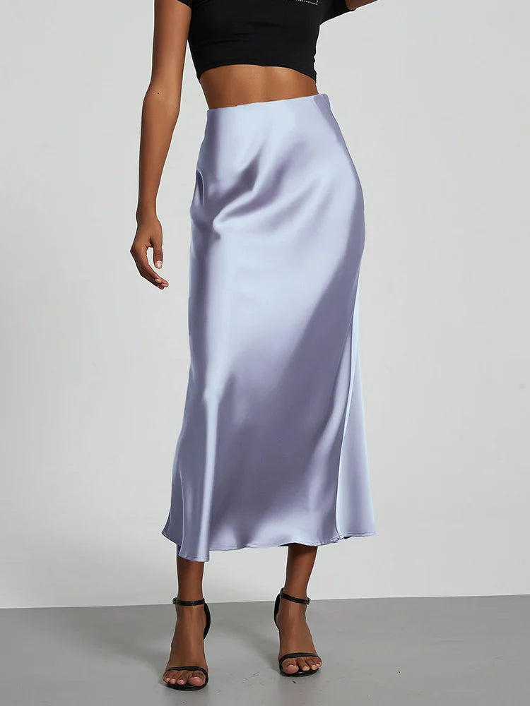 Falda larga de satén de moda para fiesta, cintura alta, color liso, informal, básica, de cola de pez, atuendo elegante de verano para mujer 2025