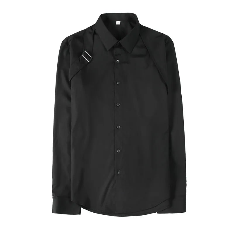 Camisa con diseño decorativo de tiras, ropa para hombre 2023, camisa coreana de manga larga, corte entallado, informal, ideal para discotecas y bailes de graduación.