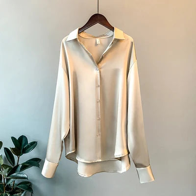 Blusa feminina de manga comprida para escritório, outono de 2023, sobrecamisa de cetim, roupa feminina elegante, estilo coreano, blusa de grife de luxo