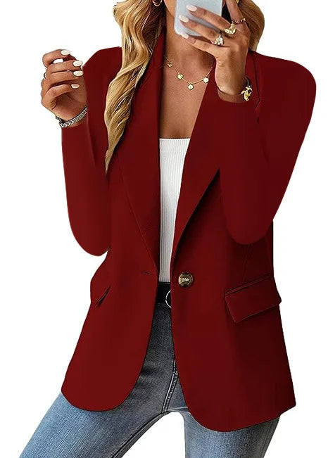 Blazer casual feminino da moda 2024 primavera outono novo cor sólida gola virada para baixo manga comprida casaco elegante para escritório