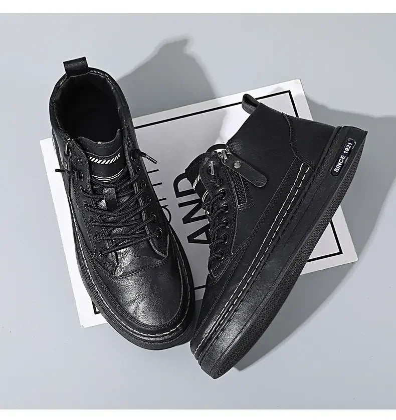 Botas masculinas de inverno, sapatos de couro de cano alto da moda, sapatos de algodão, botas de cano curto da moda, sapatos casuais para negócios e atividades ao ar livre, tênis masculinos novos