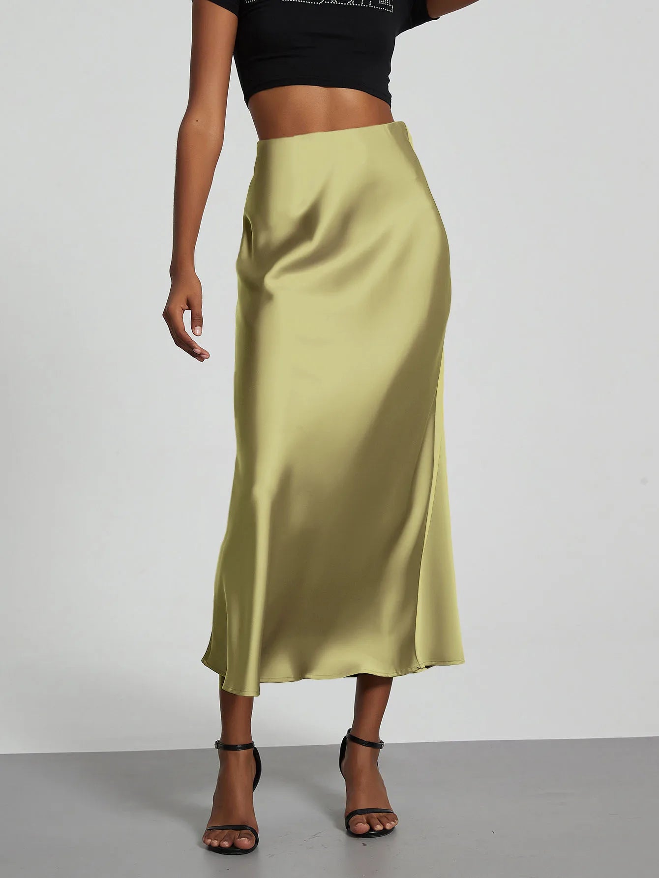 Falda larga de satén de moda para fiesta, cintura alta, color liso, informal, básica, de cola de pez, atuendo elegante de verano para mujer 2025
