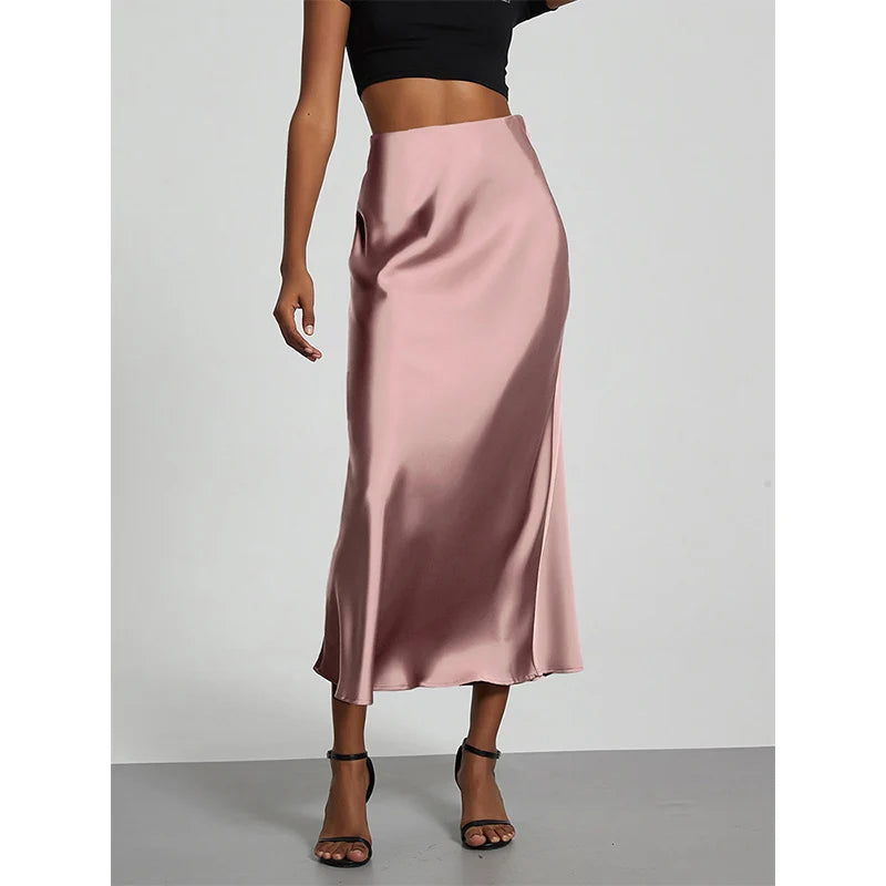 Falda larga de satén de moda para fiesta, cintura alta, color liso, informal, básica, de cola de pez, atuendo elegante de verano para mujer 2025