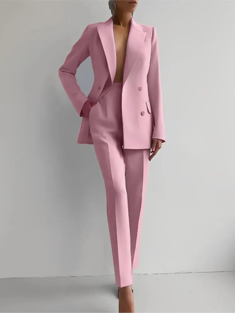 Conjunto de terno casual de manga comprida para primavera e outono, elegante, para escritório, feminino, cor sólida, slim, tops, blazer e calças, conjunto de duas peças, roupa feminina 2025