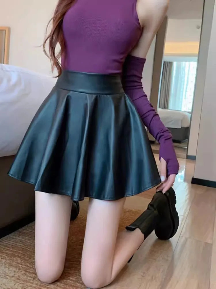 Women's Multi-Purpose Stretchy Short Mini Skirt, Faux Leather Skirt, High Waist Skater Skirt, Work, Nightclub 