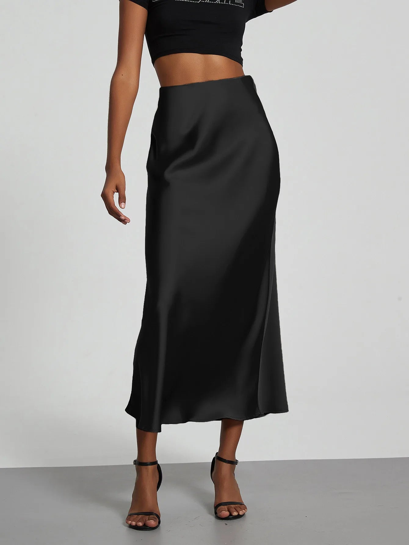 Falda larga de satén de moda para fiesta, cintura alta, color liso, informal, básica, de cola de pez, atuendo elegante de verano para mujer 2025